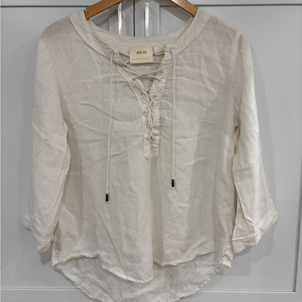 Anthropologie Cream Blouse with Lace-Up Detail